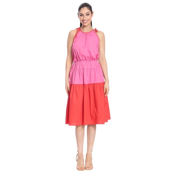 London Times Pink Red Color Block Shoulder Tie Halter A-line Dress Size Small - Picture 5 of 15